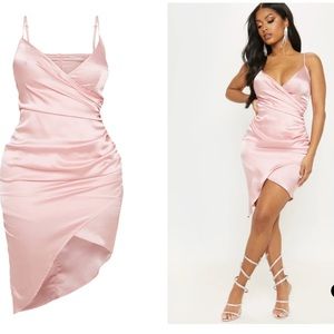 NWOT PrettyLittleThing Shape Pink Satin Wrap Dress